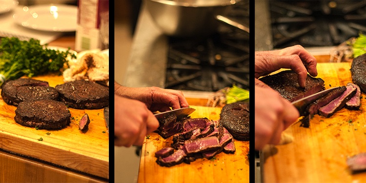 Slicing the Chocolate-crusted Rib Eye Steaks