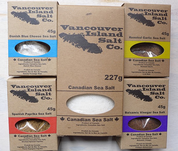 Pictured at top: On the left is Bryan Krueger; to his right is Andrew Shepherd. This photo: A selection of salts from the Vancouver Island Salt Co. 