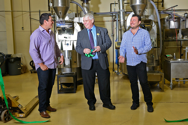 Oughtred's Earth Day unveiling of their new green tech roasters. Michael Oughtred, Co-Owner, Oughtred Coffee & Tea, Deputy Mayor/Councillor Bruce McDonald, Delta, John Oughtred, Co-Owner, Oughtred Coffee & Tea