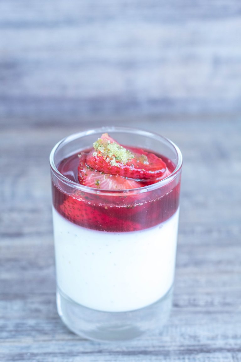 Panna Cotta with Balsamic Roasted Strawberries and Basil Sugar